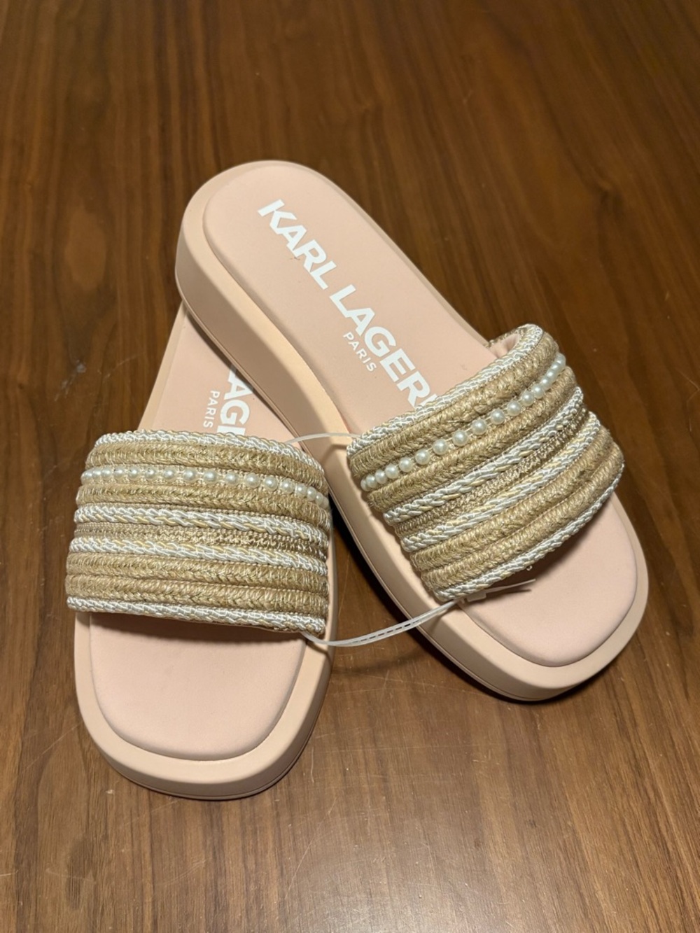Karl Lagerfeld Pink-Beige Braided Slide Sandals with Pearl Trim